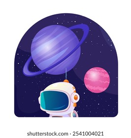 Sticker with space. Astronaut and cosmonaut near blue and pink planets. Exploration of space, galaxy and universe. Astrology and astronomy. Flat vector illustration isolated on white background