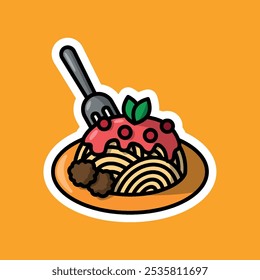 sticker of spaghetti on plate with cartoon style