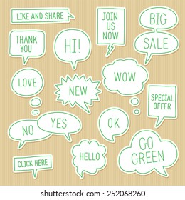 Sticker speech bubbles / callouts set with different messages on kraft paper background. Vector illustration