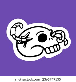 Sticker with spooky skeleton. Outline skull with worm inside. Halloween design element, death icon, contour creepy corpse tattoo, print. Handdrawn isolated vector illustration on white background