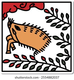 Sticker square simple hanafuda Bunzuki Hagi boar July Hagi and boar