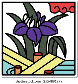 Sticker Square Simple Hanafuda Iris Yatsuhashi Moriwa Satsuki May Iris and Yatsuhashi