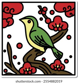 Sticker square simple hanafuda Japanese nightingale, Kisaragi, plum, February, plum and nightingale