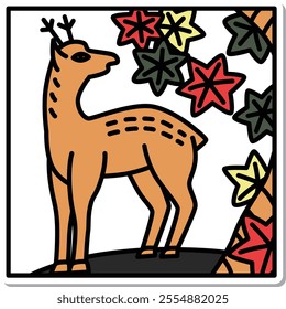 Sticker Square Simple Hanafuda Kannazuki Autumn Leaves Deer October Autumn Leaves Deer