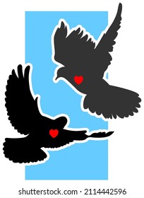 Sticker. St. Day Valentine. A couple of pigeons. Silhouettes of birds on the background. Doves with hearts.