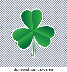 Sticker St. Patrick's Day. 3 leaf clover. Paper art vector illustration isolated on the checked background. Template, banner, flyer, cover, greeting card. EPS10.