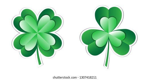 Sticker St. Patrick's Day. Three and four leaf clover. Paper art vector illustration isolated on the white background. Template, banner, flyer, cover, greeting card. EPS10.