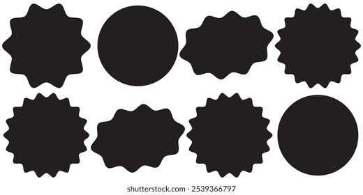 Sticker star burst, promo badge round shape, price tag circle, sale label icon, black sun, new discount set isolated on white background. Advertising vector illustration