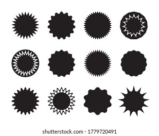 Pegatina de estrella. Forma circular de starburst para oferta, venta y precio. Icono de descuento por ráfaga. Etiqueta en blanco para publicidad, venta al por menor. Etiqueta especial negra, cartel para marketing. Insignia para comprar. Vector.