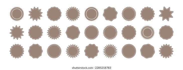 Sticker star shape, badge starburst, price tag circle, sale round vector icon, sun label, brown sign isolated on white background. Award, achievement, medal set. Simple illustration