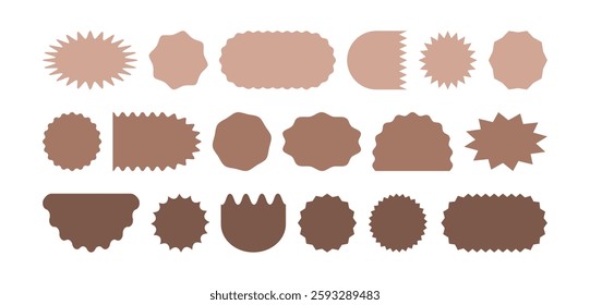 Sticker star shape mocha mousse color, label starburst retro icon, sale price tag, stamp trendy colour 2025 year, discount coupon set isolated on white background. Speech cloud vector illustration