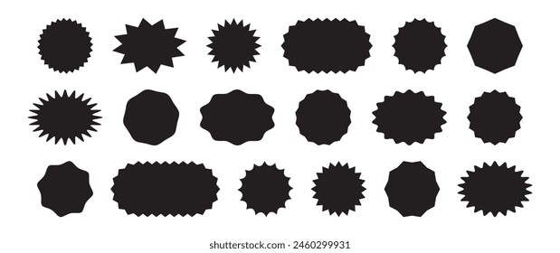 Sticker starburst shape, badge star, sale round price tag, sun circle and oval label, black discount vector icon isolated on white background. Vintage banner set. Simple promotion illustration