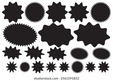 Sticker starburst shape, badge star, sale round vector icon, price circle, sun label, black tag isolated on white background. Award and medal , achievement collection. Simple illustration