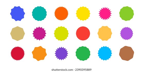 Sticker starburst shape, colorful badge star, sale round vector icon, price circle, sun label, color tag isolated on white background. Award and medal, achievement collection. Simple illustration