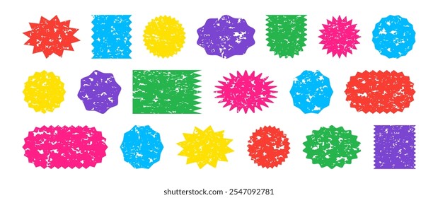 Sticker starburst shape crayon art, label colorful star chalk design, sale price tag, sun grunge badge, discount icon isolated on white background. Watercolor banner. Abstract vector illustration