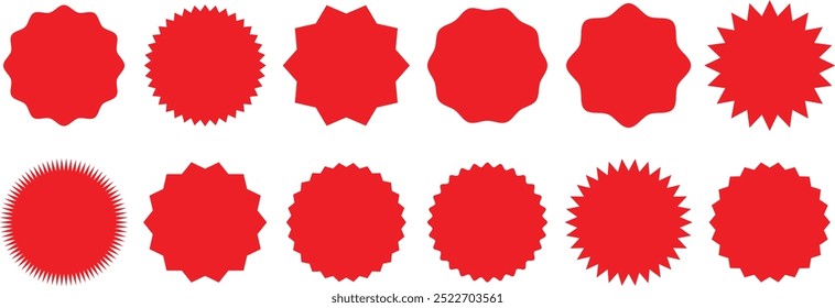  sticker starburst shape, sale price tag, colorful sun, circle and oval label, round discount icon