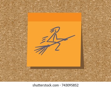 Sticker sticky orange on a cork background, reminder, holiday, Halloween, witch flying on a broom, illustration, vector