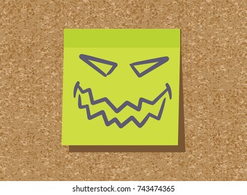 Sticker, sticky, toothy smile, green on a cork background, illustration, vector