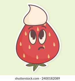  Sticker strawberry with cream, which is confused in cartoon style