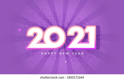 Sticker Style 2021 Number On Purple Rays Halftone Effect Background For Happy New Year.