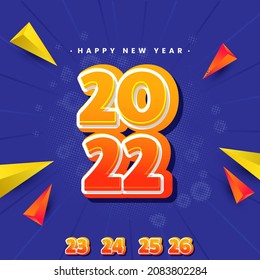 Sticker Style 2022 Number With 3D Triangle Elements On Blue Halftone Rays Background For Happy New Year Concept.