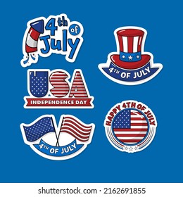 Sticker Style 4th Of July, USA Independence Day Font With American Flag, Fireworks Rocket And Uncle Sam Hat On Blue Background.