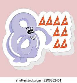 Sticker Style 8 Cartoon Number With Set Squares On Pink Background.