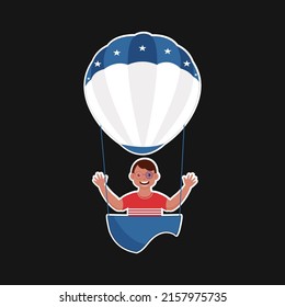 Sticker Style American Goggles Wearing Young Boy Riding Hot Air Balloon Over Black Background.