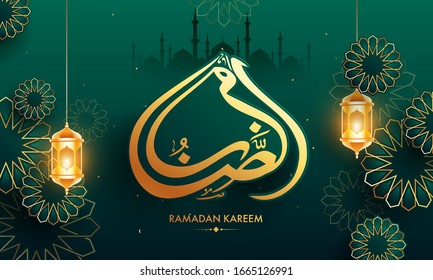 Sticker Style Arabic Calligraphy of Ramadan Kareem Text with Hanging Illuminated Lanterns and Mandala Pattern on Green Mosque Background.