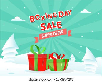 Sticker style Boxing Day Sale text with gift boxes and paper cut style xmas tree on snowy and green rays background.