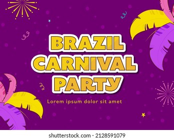 Sticker Style Brazil Carnival Party Font With Feathers And Fireworks On Purple Background.