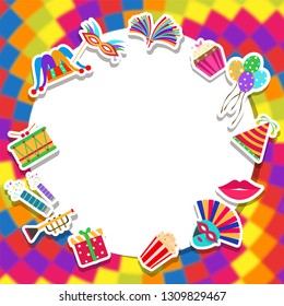 Sticker style carnival celebration elements such as jester hat, balloons, lip, mask, prop and trumpet on colorful abstract background.