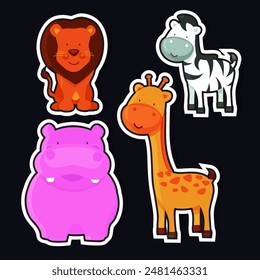 Sticker Style Cartoon Animal Characters Set Including Lion, Zebra, Giraffe and Hippopotamus on Dark Background.