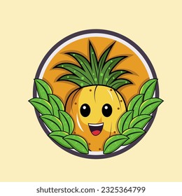 Sticker Style Cartoon Pineapple Mascot with Leaves on Circle Background.