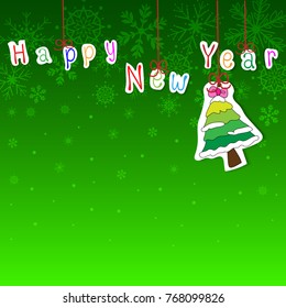 Sticker style cartoon vector and illustration of Christmas tree and Happy New Year words hanging on bright Christmas green color background with snowflake pattern