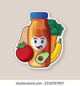 Verduras de caricatura con sabor a pegajoso con ingredientes de fruta Frasco de producto con fondo beige.