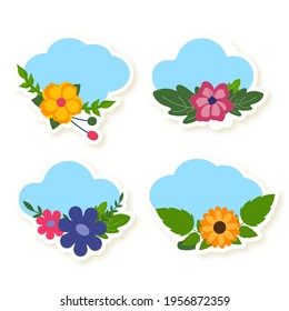 Sticker Style Cloud With Floral Collection On White Background.