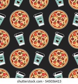 Sticker Style Coffee Paper Cups and Pizza with Sausage Tomato Bell Sweet Pepper Olives Rucola on Dark Background Vector Seamless Pattern