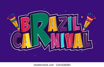 Sticker Style Colorful Brazil Carnival Font With Vuvuzela Or Trumpet On Purple Background.