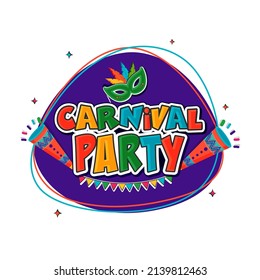 Sticker Style Colorful Carnival Party Text With Feather Mask Stick, Vuvuzela Or Trumpet, Bunting Flags On Purple And White Background.