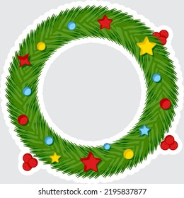 Sticker Style Colorful Decorated Christmas Wreath Icon In Flat Style.