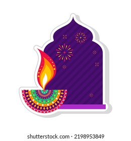 Sticker Style Colorful Floral Oil Lamp(Diya) Burning Against Purple Door Way Firework Background.