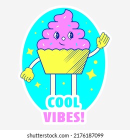 Sticker Style Cool Vibes! Font With Funny Cupcake On Cyan And Gray Background.