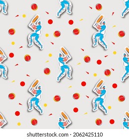 Sticker Style Cricket Batsman And Red Ball Seamless Pattern Background