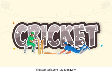 Sticker Style Cricket Font With Concept Of Run Out Female Batter Player And Wicket Keeper Hit Ball To Stumps On Beige Background.