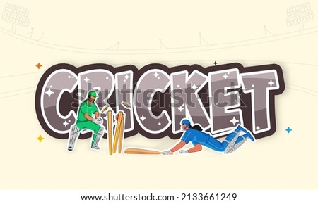 Sticker Style Cricket Font With Concept Of Run Out Female Batter Player And Wicket Keeper Hit Ball To Stumps On Beige Background.