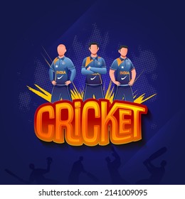 Sticker Style Cricket Font With Faceless India Cricketer Players On Blue Halftone Effect Background.