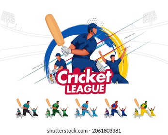 Sticker Style Cricket League Text With Participating Countries Team Players And Brush Stroke Effect On White Stadium Background.