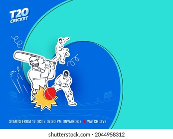 Sticker Style Cricket Players In Different Position On Blue And Turquoise Background For T20 Championship Concept.