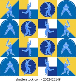 Sticker Style Cricket Players On Colorful Geometric Square Pattern Background.